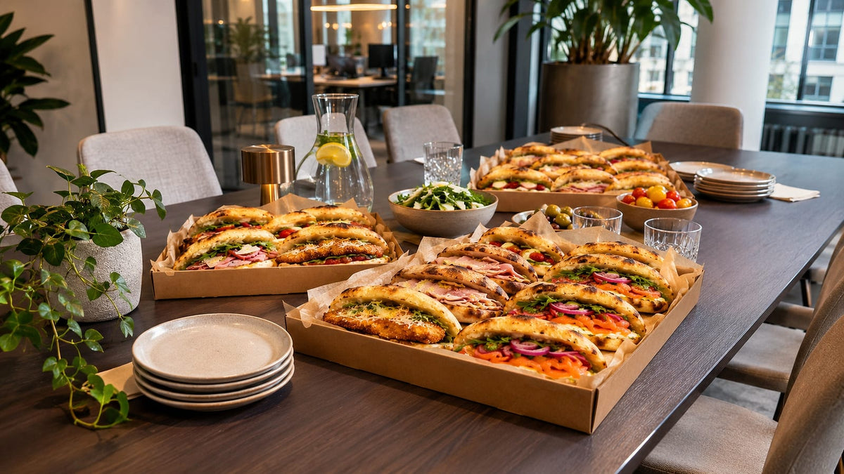 Bedrijfslunch op kantoor: calzones in boxen op de vergadertafel
