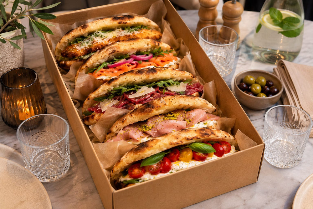 Box met vijf calzones: Pollo Caesar, Salmone, Carpaccio, Mortadella en Caprese